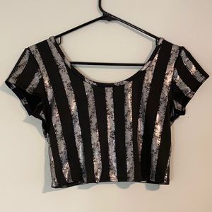 Metallic silver and black striped crop top small Rue21